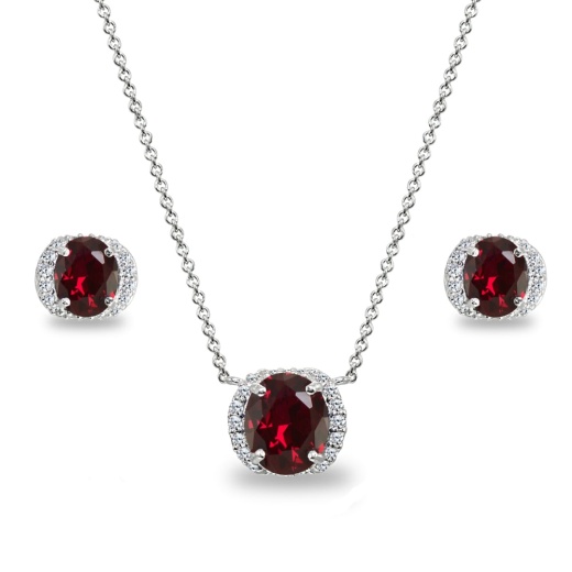 Sterling Silver Synthetic Ruby Oval-Cut Crown Stud Earrings & Necklace Set with Cz Accents