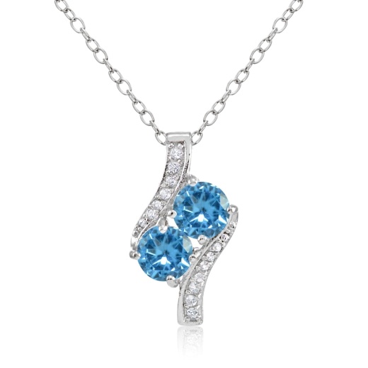 Sterling Silver Created Blue Topaz Round Two Stone and CZ Accents Necklace