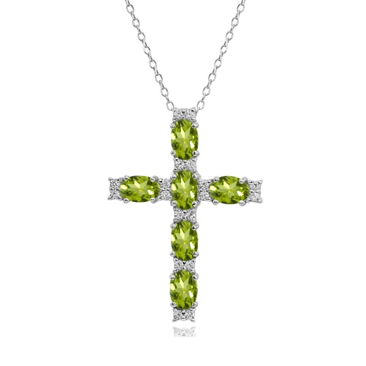 Sterling Silver Peridot Oval-Cut Cross Pendant Necklace With White Topaz Accents