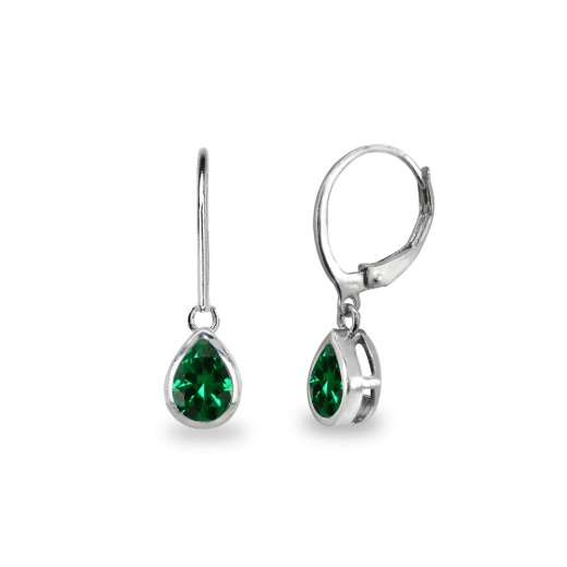 Sterling Silver Simulated Emerald Teardrop Bezel-Set Dangle Leverback Earrings
