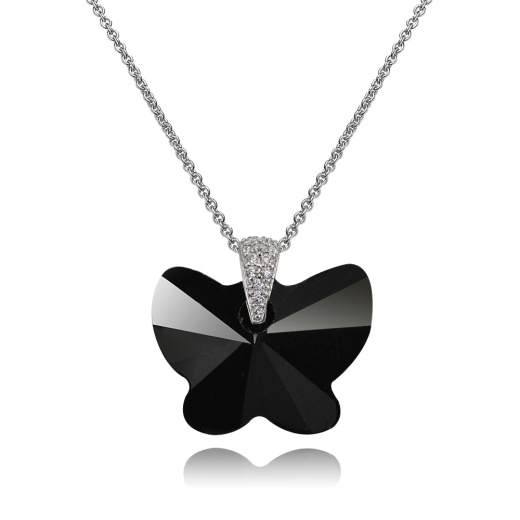 Sterling Silver Black Butterfly Pendant Necklace Made With Swarovski Crystals