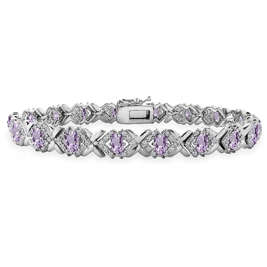 Sterling Silver Amethyst Oval X Design Polished Tennis Bracelet