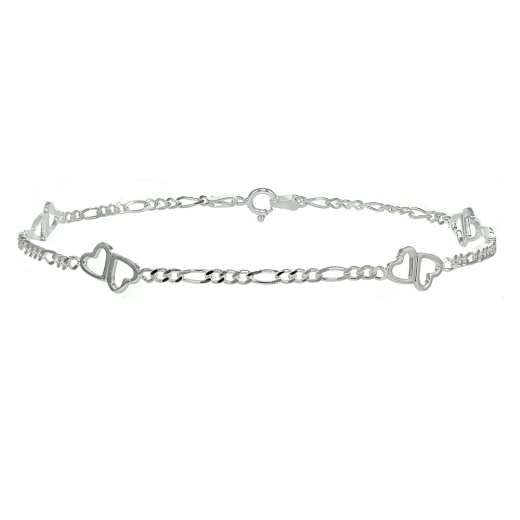 Sterling Silver Figaro Link Chain With Double Hearts Bracelet