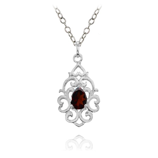Sterling Silver Garnet Filigree Heart Teardrop Necklace