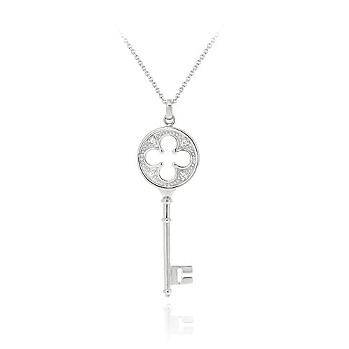Sterling Silver Designer Inspired Cz Four Leaf Clover Key Pendant