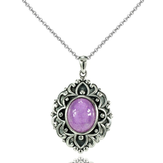 Sterling Silver Created Lavender Jade Oxidized Bali Inspired Vintage Oval Necklace