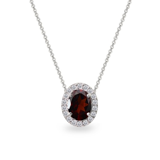 Sterling Silver Garnet Oval Halo Slide Pendant Necklace With Cz Accents
