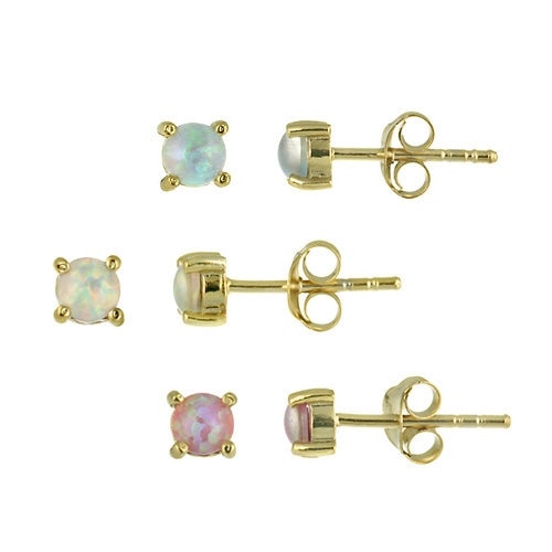 18K Gold Over Sterling Silver Pink, Blue, And White Round Created Opal Stud Earrings Set