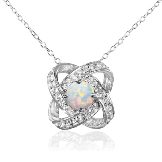 Sterling Silver Created White Opal and White Topaz Love Knot Necklace