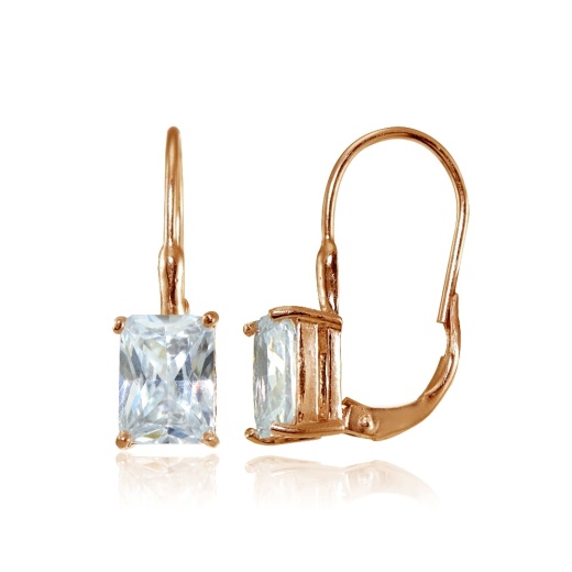 Rose Gold Flashed Sterling Silver Cubic Zirconia Emerald-Cut Leverback Earrings