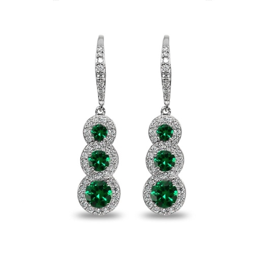Sterling Silver Simulated Emerald Journey Halo Three-Stone Dangle Leverback Earrings
