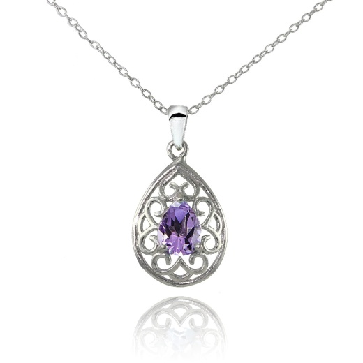 Sterling Silver Amethyst Filigree Teardrop Necklace