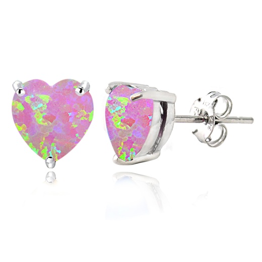 Sterling Silver Created Pink Opal Heart Stud Earrings, 7Mm