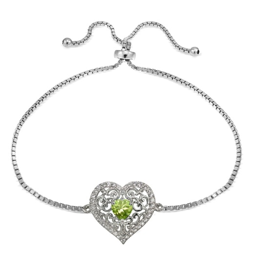 Sterling Silver Peridot and White Topaz Filigree Heart Adjustable Bracelet