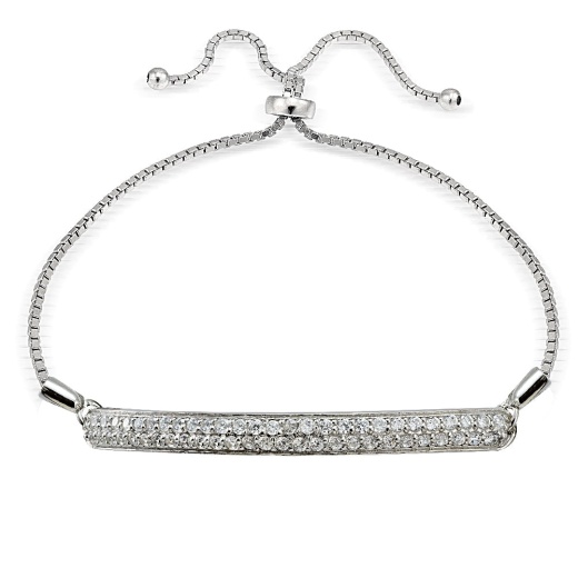 Sterling Silver Cubic Zirconia 2-Row Bar Adjustable Bracelet