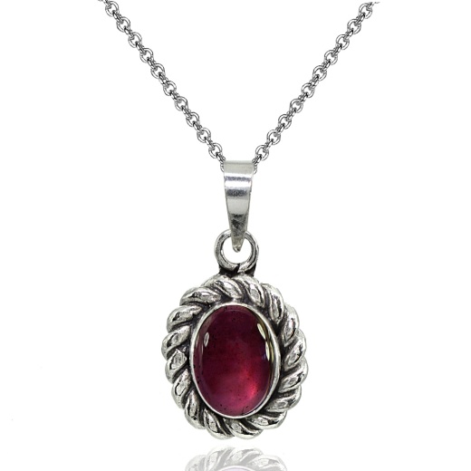Sterling Silver Created Cabochon Garnet Oval Oxidized Bali Twist Pendant Necklace