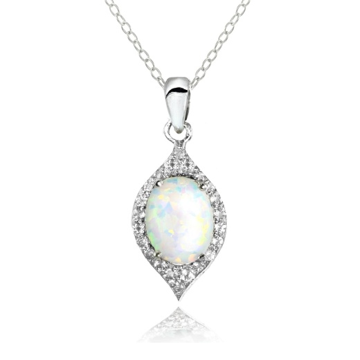 Sterling Silver Created White Opal and White Topaz Oval Fashion Necklace