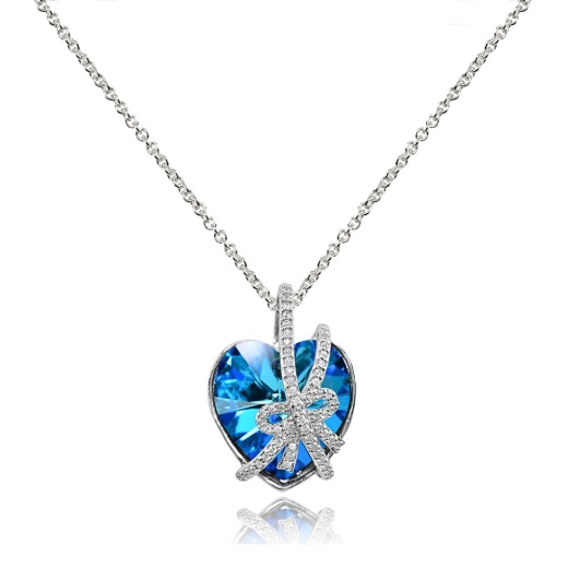 Swarovski Crystal, Sterling Silver Bermuda Blue Bow Tie Engraved 'A Gift Of Love' Heart Necklace