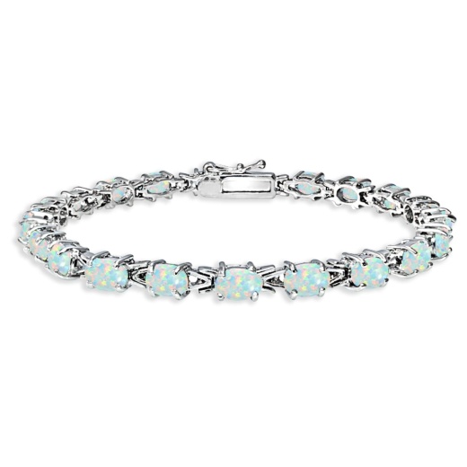 Sterling Silver Polished Created White Opal 6X4mm Oval-Cut Link Tennis Bracelet