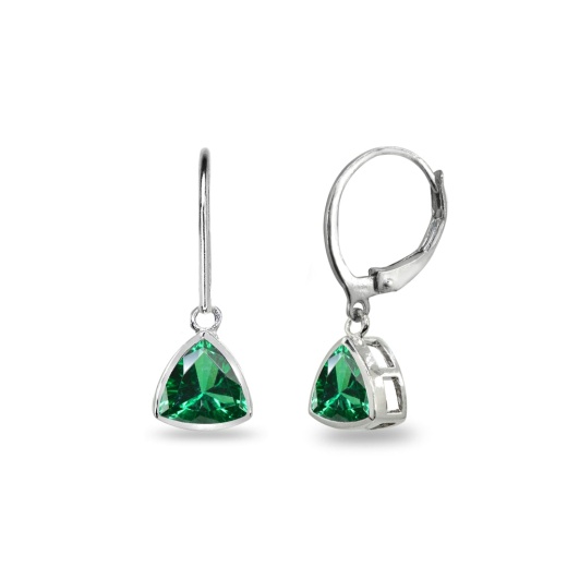 Sterling Silver Simulated Emerald Trillion Bezel-Set Dangle Leverback Earrings
