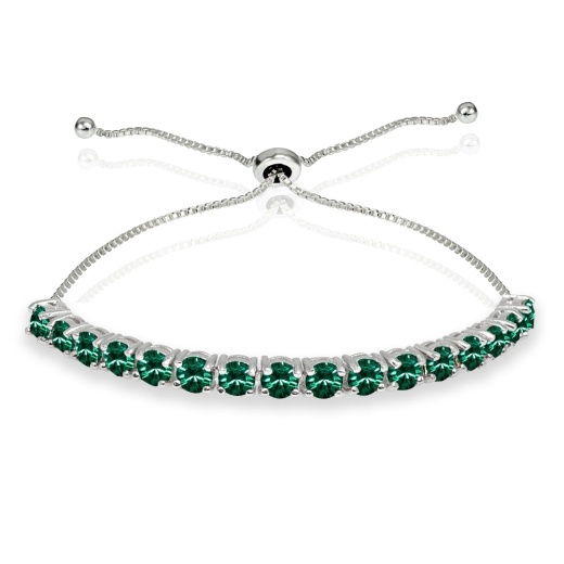 Sterling Silver 4Mm Green Round-Cut Bolo Adjustable Bracelet Made With Swarovski Crystals