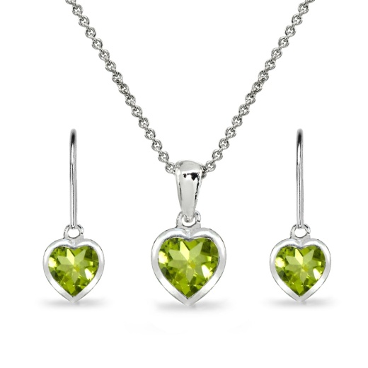 Sterling Silver Peridot Heart Bezel-Set Pendant Necklace & Dangle Leverback Earrings Set