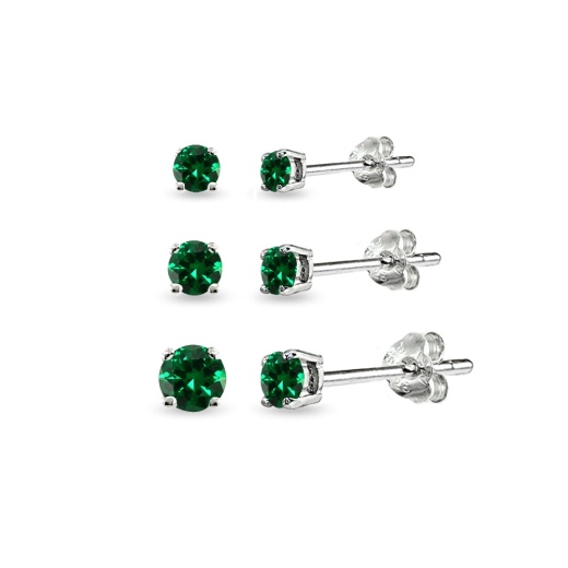 3-Pair Set Sterling Silver Simulated Emerald Round Stud Earrings, 3Mm 4Mm 5Mm