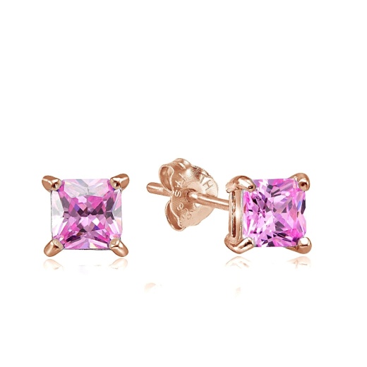 Rose Gold Tone Sterling Silver Pink Cubic Zirconia Square Stud Earrings