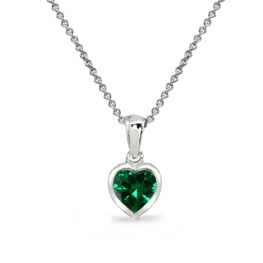 Sterling Silver Simulated Emerald 7Mm Heart Bezel-Set Dainty Pendant Necklace