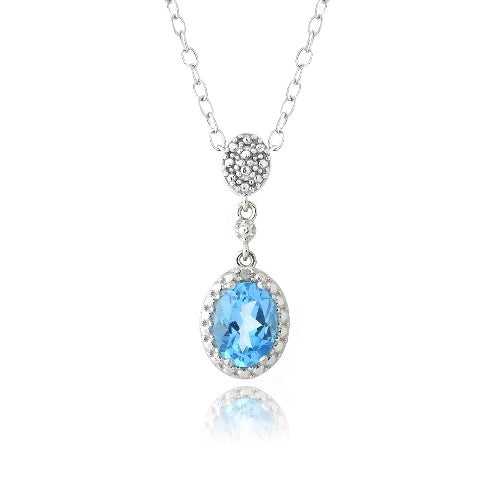 Sterling Silver 1.5Ct Swiss Blue Topaz & Diamond Accent Double Oval Necklace