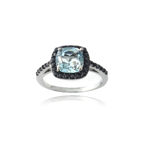 Sterling Silver 2.2Ct Blue Topaz & Black Spinel Square Ring