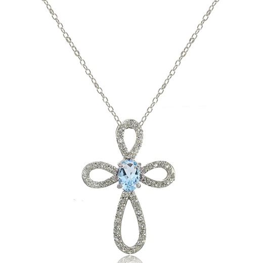 Sterling Silver Blue Topaz & White Topaz Infinity Cross Necklace