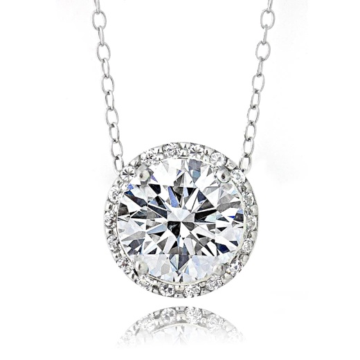 Platinum Plated Sterling Silver 100 Facets Cubic Zirconia Halo Necklace