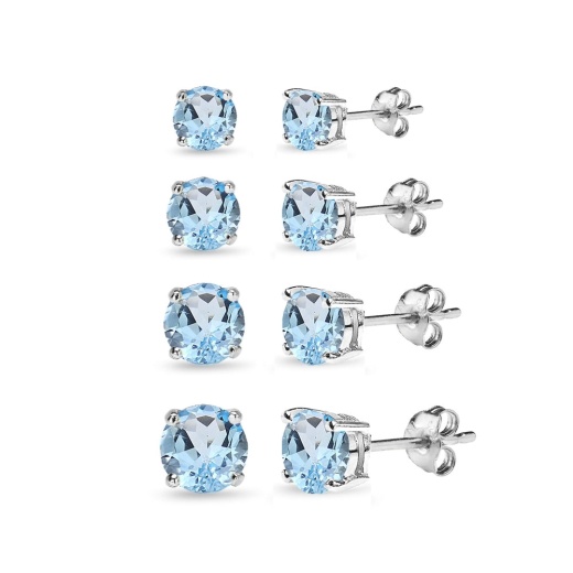 4 Pair Set Sterling Silver Blue Topaz Round Stud Earrings - Silverspeck