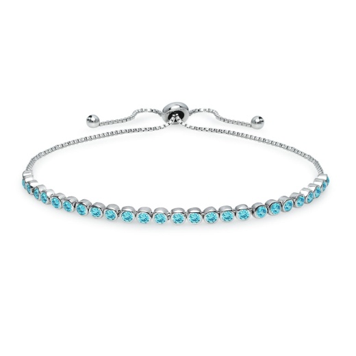 Sterling Silver Aqua Cubic Zirconia Round Bezel-Set Adjustable Bolo Bracelet