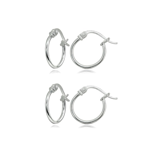 2 Pair Set Sterling Silver Tiny Small 12Mm High Polished Round Thin Lightweight Unisex Hoop Earrings