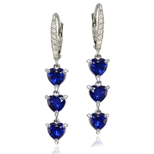 Sterling Silver Created Blue Sapphire and White Topaz Heart 3-Stone Dangle Earrings