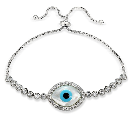 Sterling Silver Cubic Zirconia Evil Eye Adjustable Bracelet