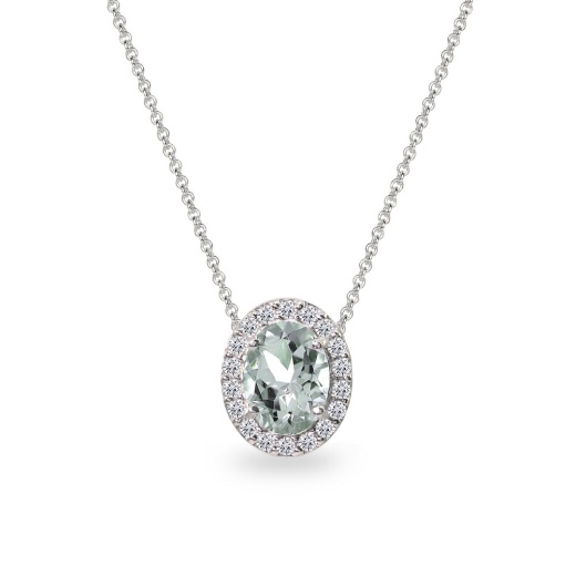 Sterling Silver Light Aquamarine Oval Halo Slide Pendant Necklace With Cz Accents