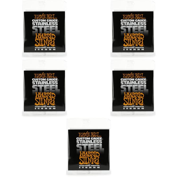 Ernie Ball 2247 Hybrid Slinky Stainless Steel Wound Electric Guitar Strings - .009-.046 (5-Pack)