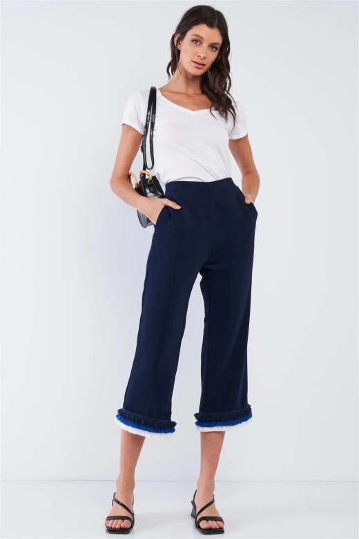Stella Cruz Deep Blue High Waist Layered Multicolor Shredded Hem Wide Leg Capri Pants
