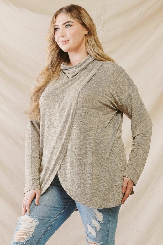 Junior Plus Taupe Turtle Neck Wrap Hem Long Sleeve Top