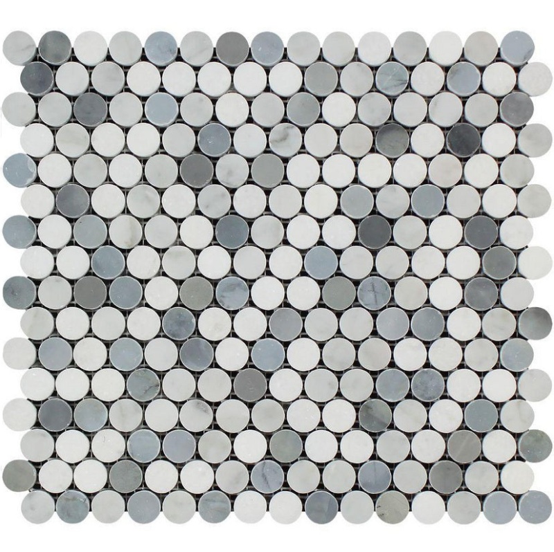 Thassos White Marble Mosaic - Penny Round With Gray & Carrara