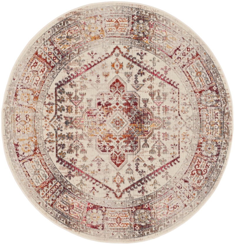 Vintage Kashan Ivory Red Round Area Rug