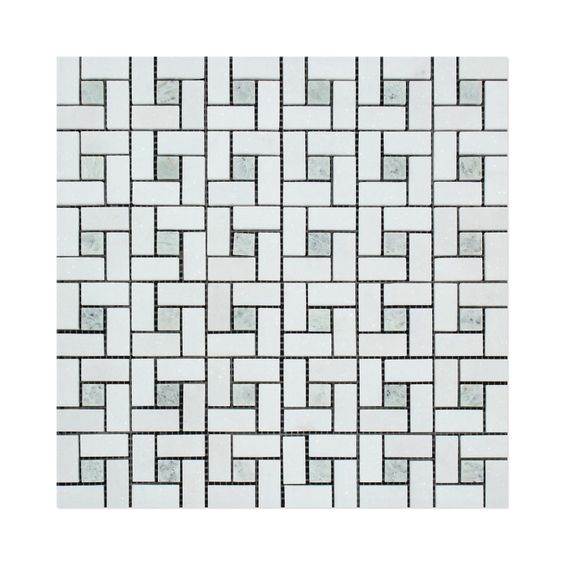 Thassos White Marble Mosaic - 5/8" x 1 1/4" Pinwheel with Ming Green Dots