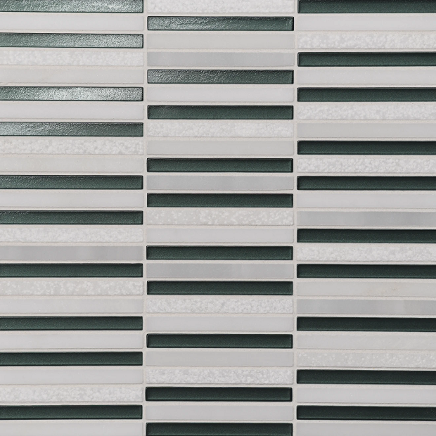 Kaikos Dark Green & Oriental White Stone & Glass Mosaic - 3/8" X 4" Stacked - Matte