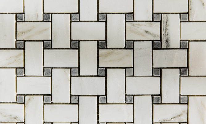 Alabama White Cloud Marble Mosaic - Basket Weave With Gray Dots - Honed