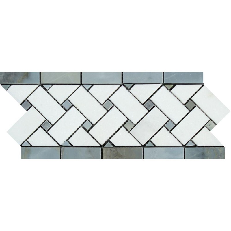 Thassos White Marble Border - 4 3/4" X 12" Basket Weave Border With Gray Dots