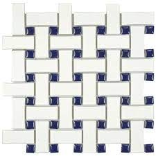 Metro Dog Bone White & Cobalt Porcelain Mosaic - Basket Weave - Textured