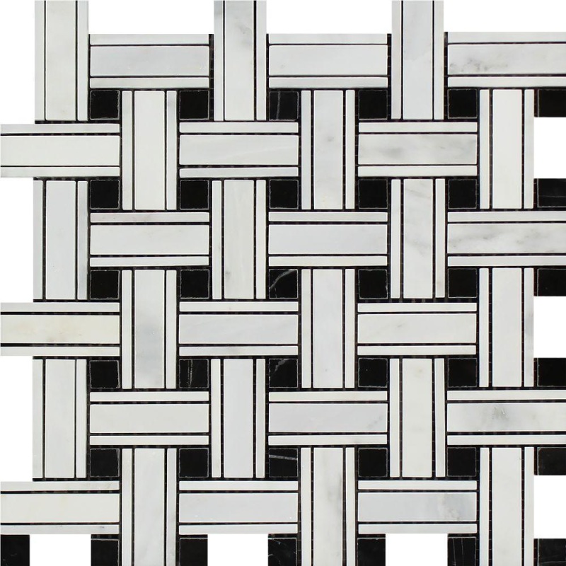 Oriental White Marble Mosaic - Triple Weave With Black Dots